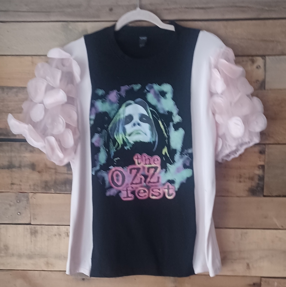 Uocycled Pink and Black Graphic Women's Top - Picture 4 of 8